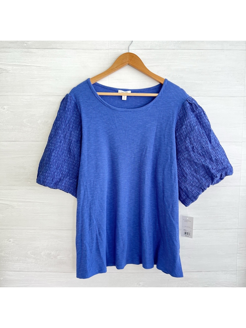 NWT Nine West Plus 3X Blue Ribbed Knit Puff Sleeve Top Textured Crew Neck